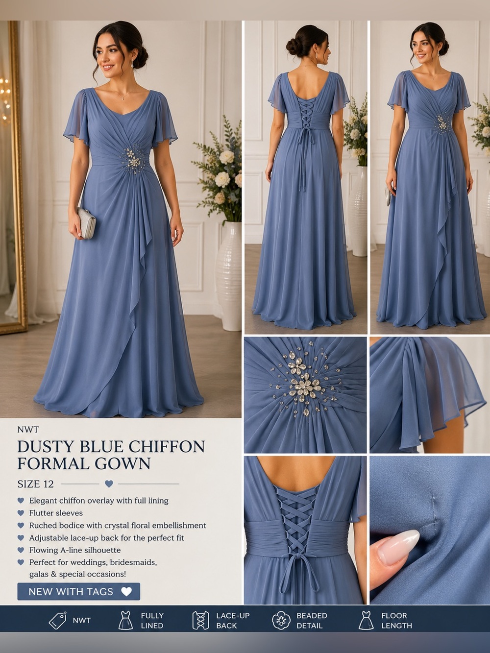 NWT Dusty Blue Chiffon Formal Gown Size 12 | Lace-Up Back | Flutter Sleeves |